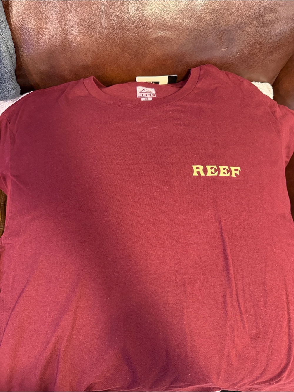Reef Men's Burgundy Short Sleeve Tee with Yellow Logo